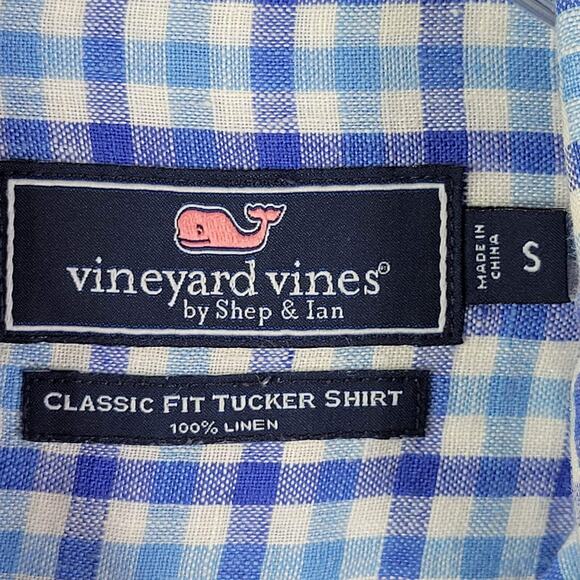 Vineyard Vines Shirt Mens Small Blue Gingham Check Linen Classic Fit Tucker - Picture 7 of 8